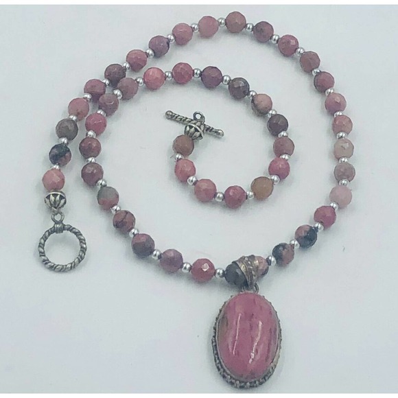 Sterling Silver pink Rhodondite pendant Faceted Bead Necklace Artisan - Picture 9 of 12